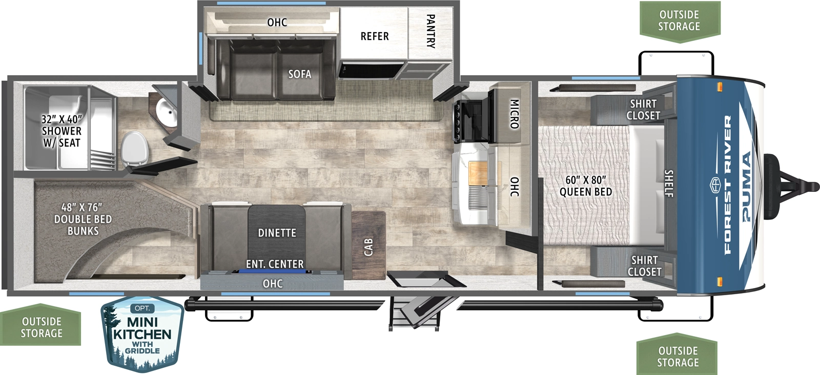 The Puma 25BHS floorplan has one entry and one slide out. Exterior features include: metal exterior, 19' awning and outside kitchen. Interiors features include: bunk beds and front bedroom.
